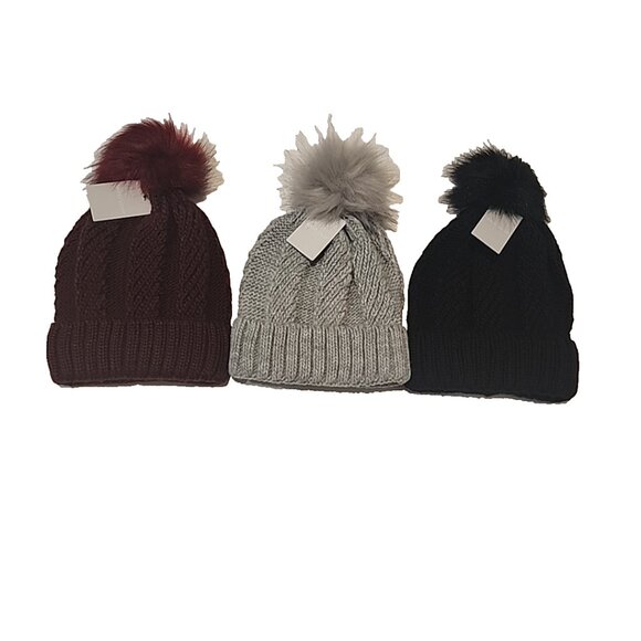 3 pack WEST LOOP fuzzy faux fur Pom pom Hats womens girls cable knit black gray - Picture 2 of 6